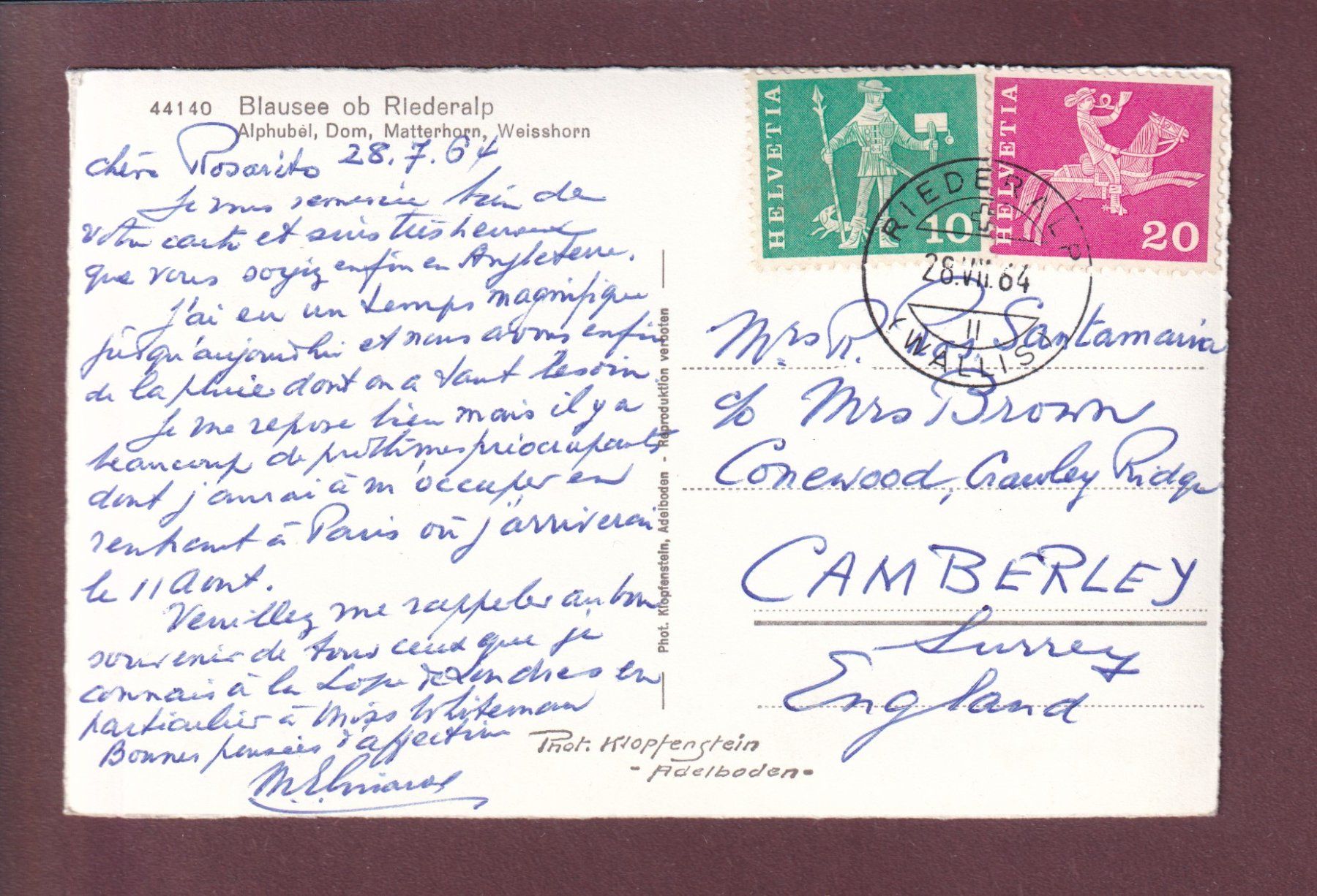 Cartoline postali: BLAUSEE ob Riederalp - 1964 – Usato da Pully venduto da nicecards 1