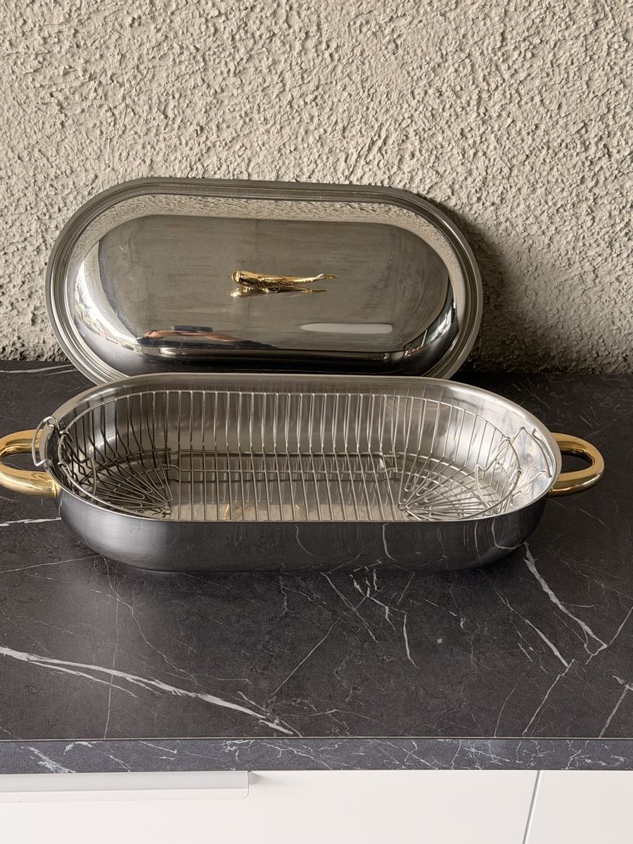 Padelle: Fischbräter Edelstahl mit Einsatz Messingfarbene Griffe – Nuovo (secondo la descrizione) da Wangen SZ venduto da Sonix1 1