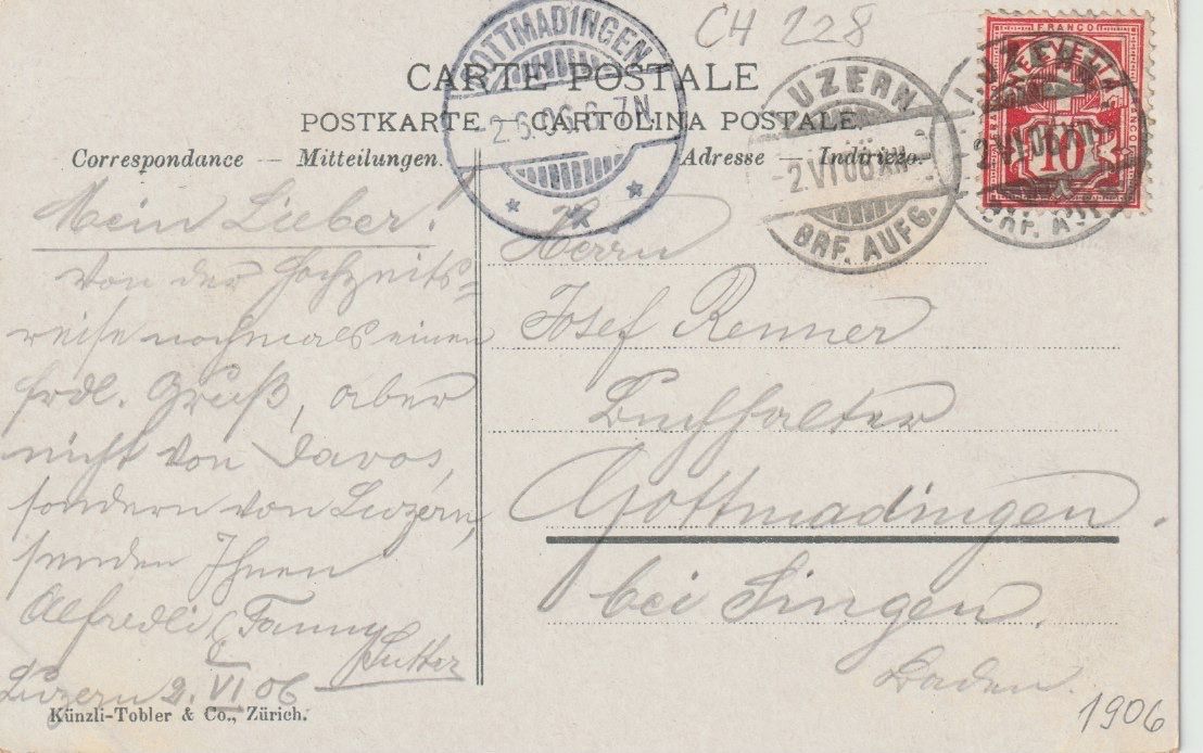 Cartoline postali: CH 228 Luzern mit Pilatus, 1906 – Usato da Freienbach venduto da Bhaltis 1