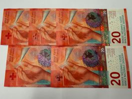 Schweizer Banknote 20 SFr. 5 Stk. ungefaltet