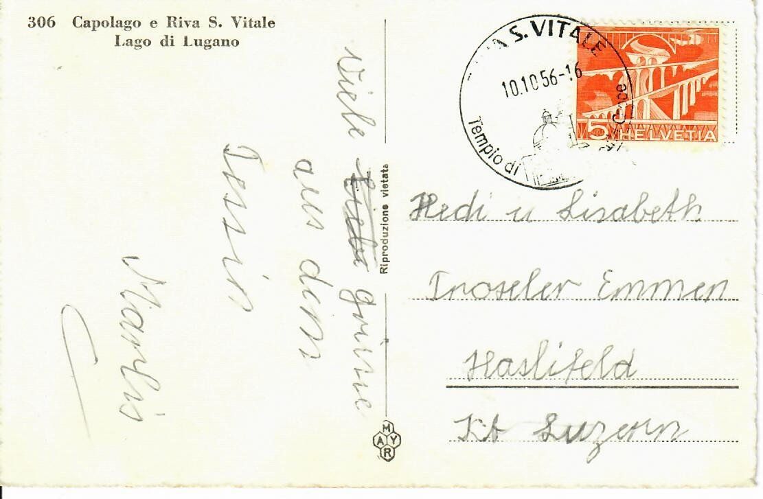 Ansichtskarten: Capolago e Riva S. Vitale  1956 – Gebraucht aus Hochdorf von Ziegel-16 1