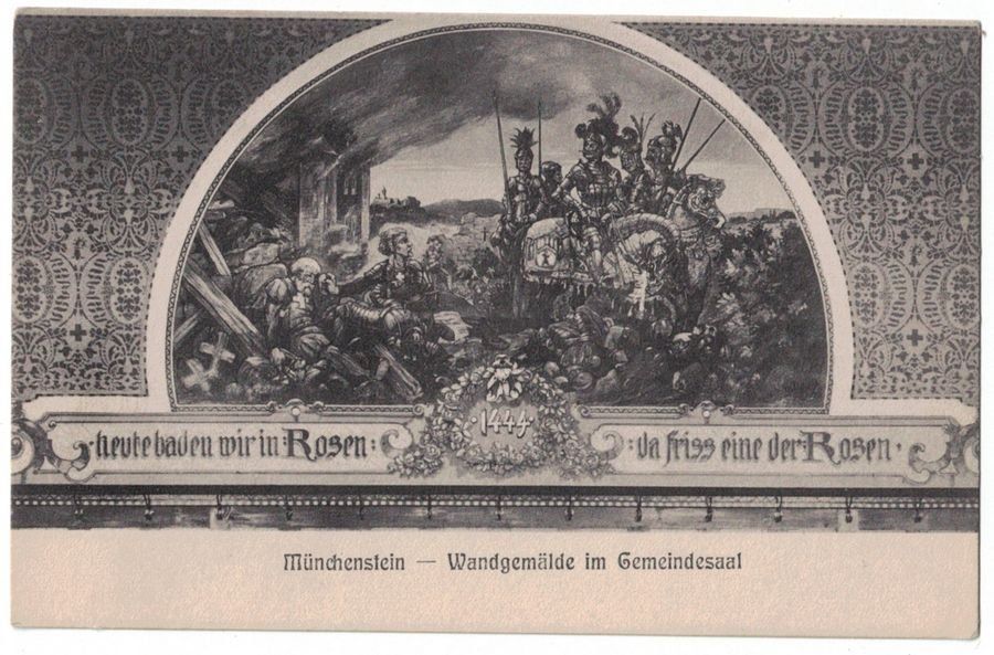 Cartoline postali: Münchenstein, Wandgemälde im Gemeindesaal, um 1920 – Usato da Frauenfeld venduto da POML