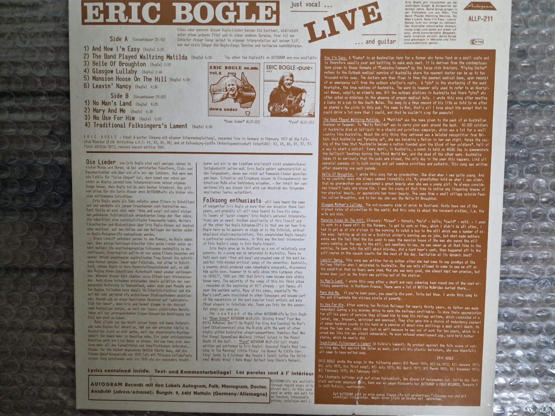 Vinyles: Eric Bogle LP – Live In Person – D'occasion à Root par atelier22 1
