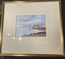 Original Aquarell Malerei, Küstenmotiv Goldrahmen, signiert
