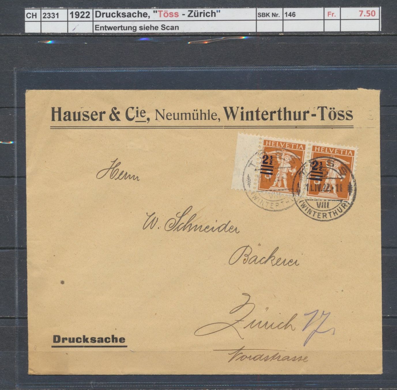 Tutti i francobolli: 1922 Drucksache "Töss - Zürich" – Usato da Winterthur venduto da Zupogeru