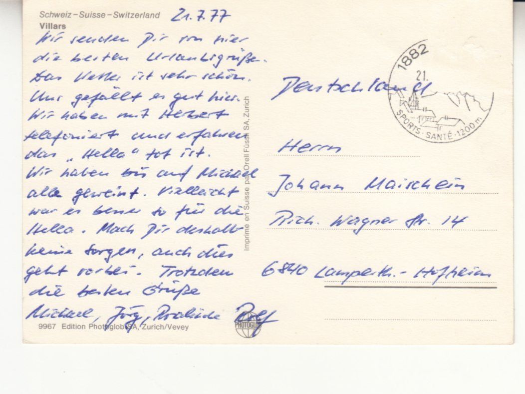 Cartoline postali: Villars 1977 – Usato da Bürglen TG venduto da StampGraf 1