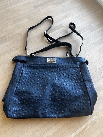 Dunkelblaue Echtleder Handtasche, Straussenleder Optik
