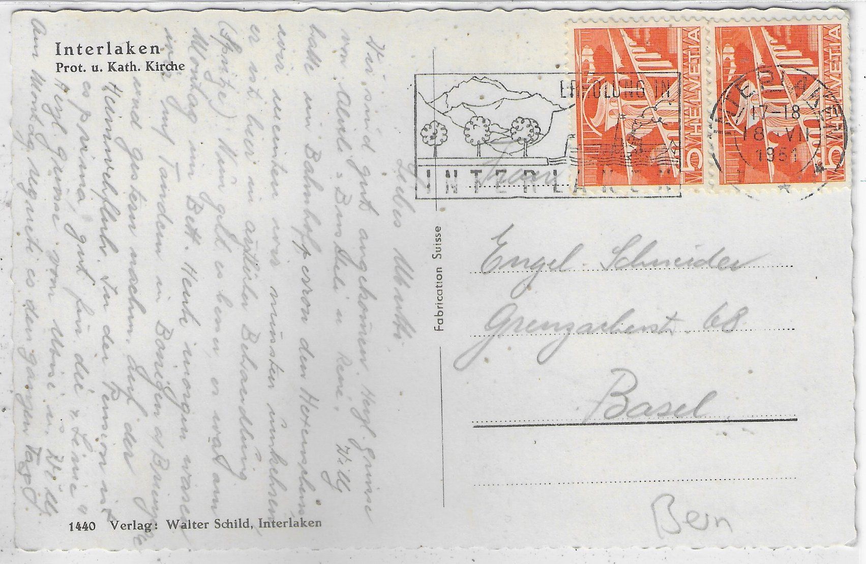 Cartoline postali: Interlaken - Prot. u. Kath. Kirche – Usato da Ettingen venduto da Kartenplanet 1