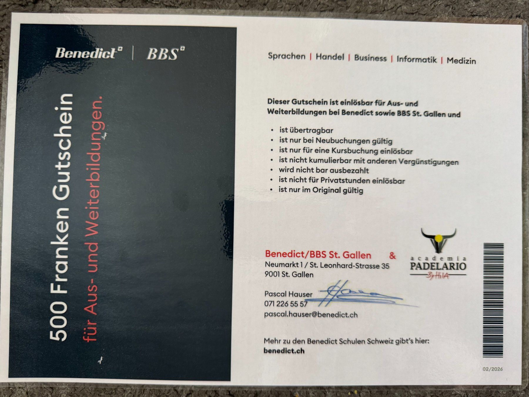 Buoni: Benedict / BBS St. Gallen Gutschein CHF 500 – Nuovo (secondo la descrizione) da Tägerwilen venduto da sve_m7vh