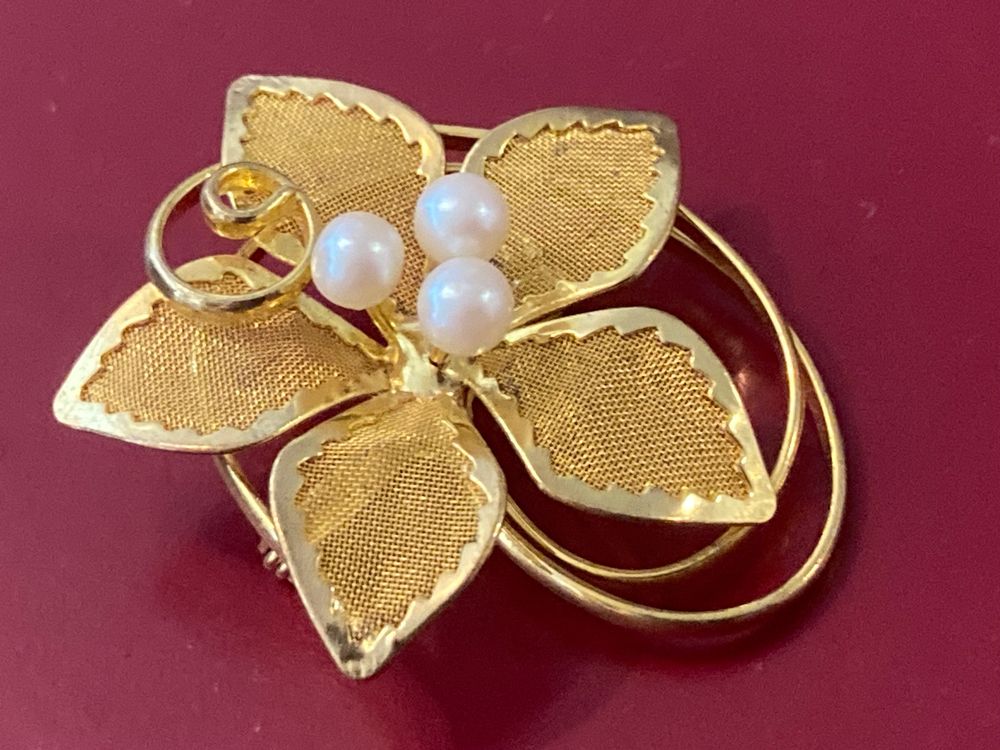 Broche Vintage Dorée Avec Perle - Hauteur 5 Cm - État Parfait - Bijou Occasion