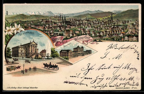 Ansichtskarten: Litho Winterthur, Ortsansicht, Stadthaus – Gebraucht aus Berlin von bartko-reher