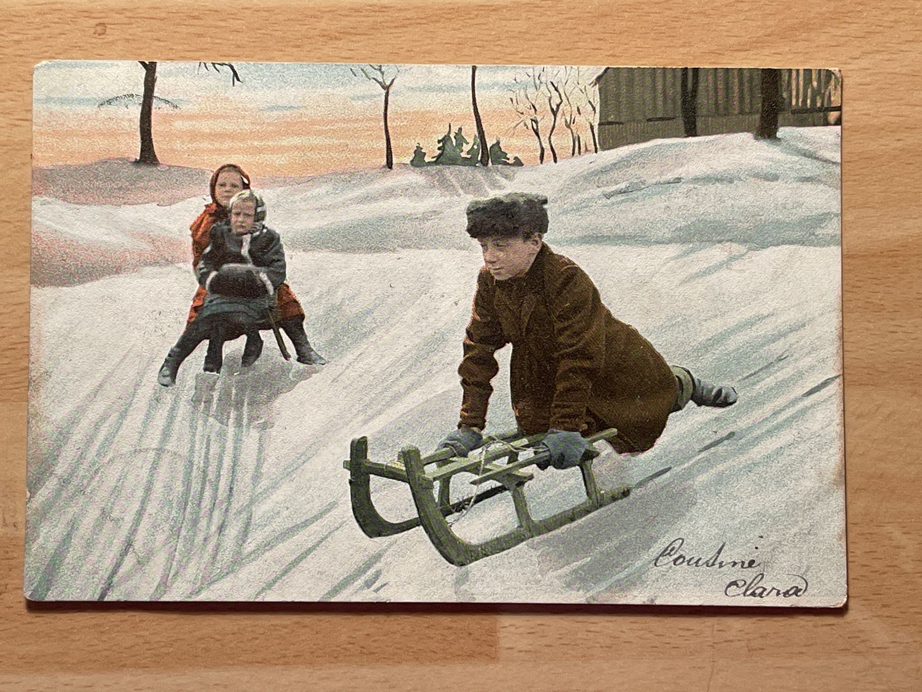 Cartoline postali: Alte Winter-Postkarte, Kinder beim Schlitteln, – Usato da Strengelbach venduto da Aschatan5