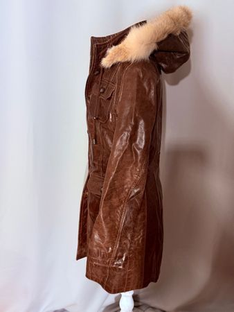 Damen Ledermantel braun mit abnehmb.Hasenfellkapuze Grösse S