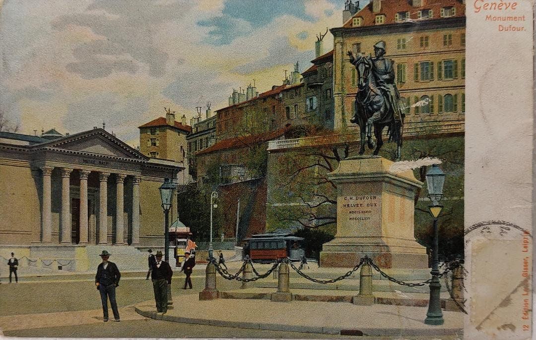 Cartoline postali: GENÈVE - Monument Dufour - Tram - 1907 – Usato da Delémont venduto da Domdom1