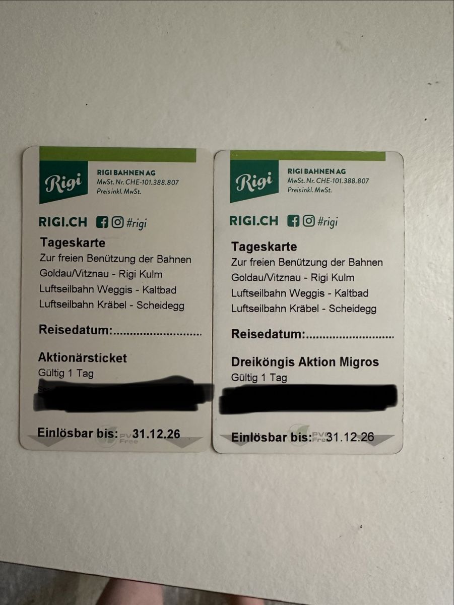 Biglietti:  2 Rigi Tageskarten Hin-und Retour – Nuovo e nell'imballaggio originale da Jona venduto da Timu1