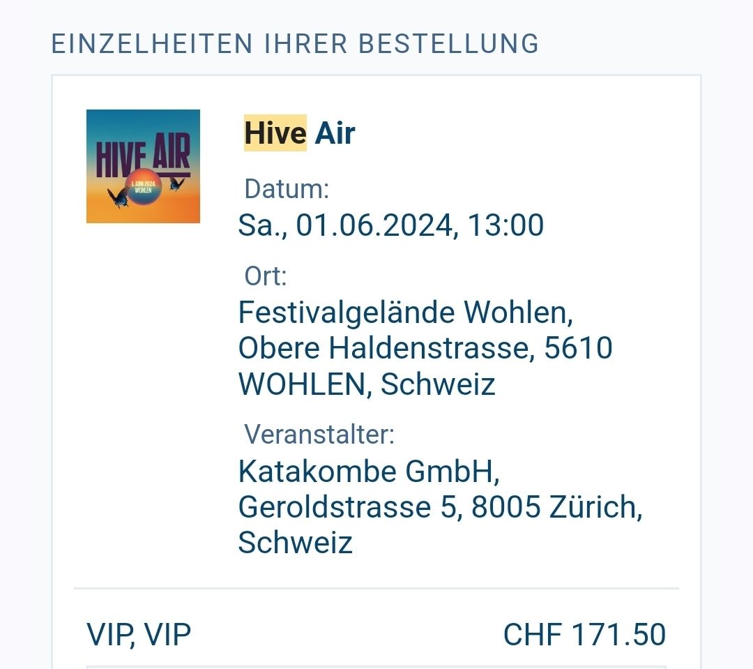 Tickets: Hive Air VIP Ticket – Neu und originalverpackt aus Widen von
