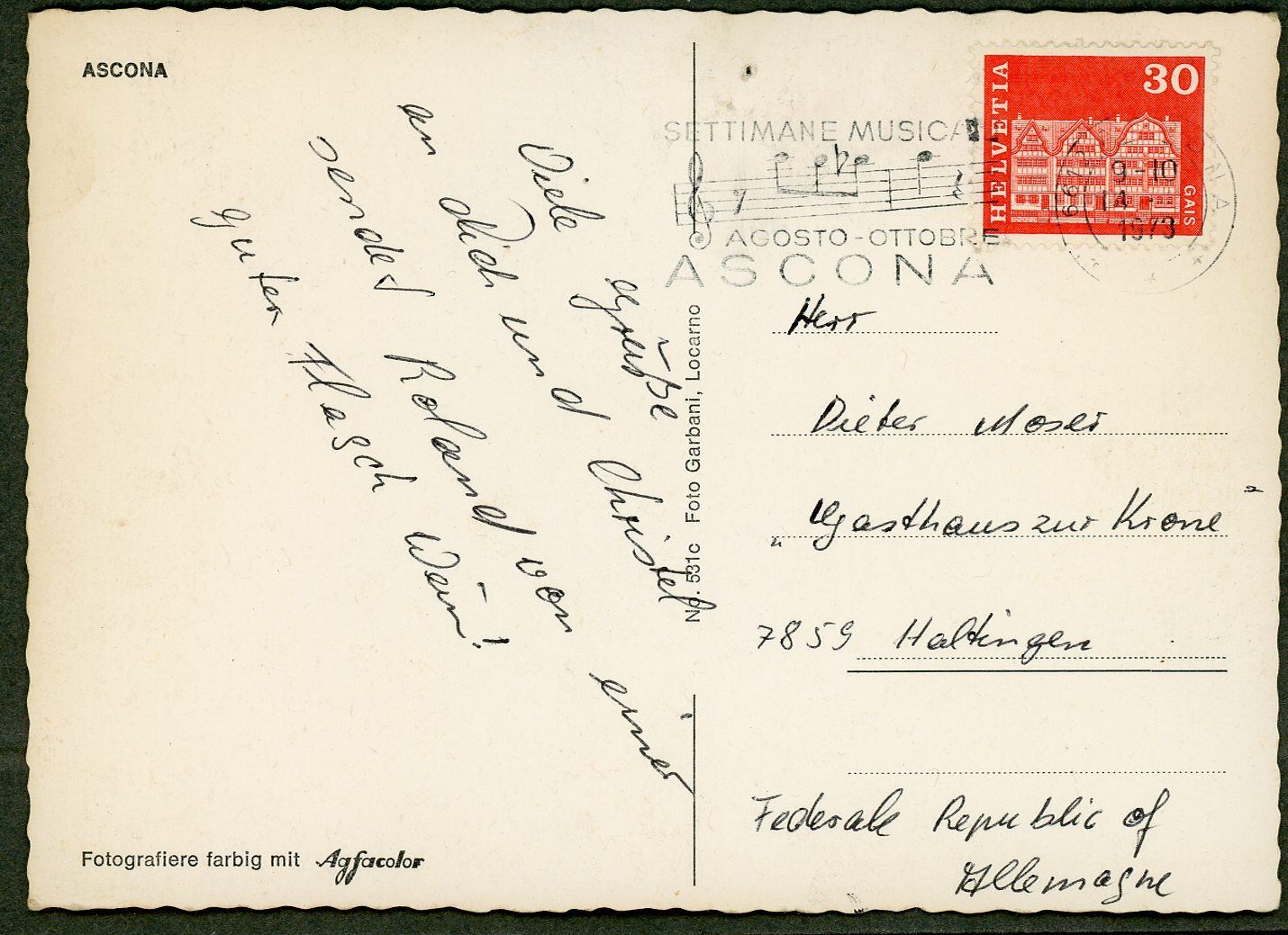 Ansichtskarten: AK color Ascona TI ≈ 1973  – Gebraucht aus Basel von Arkouda 1