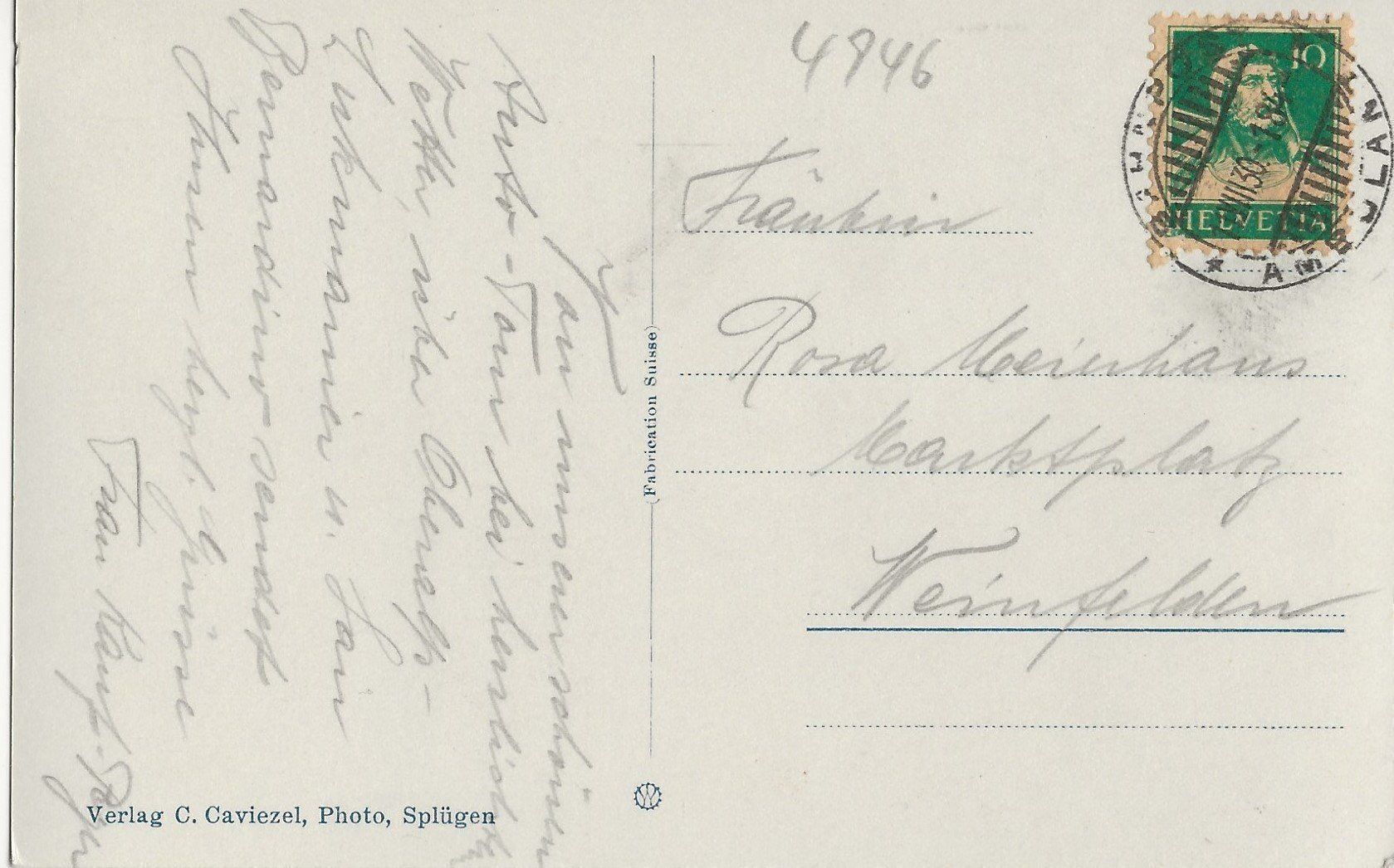 Ansichtskarten: Splügen, 1930 – Gebraucht aus Frauenfeld von Merk52 1