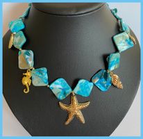 SALE HANDMADE HALSKETTE PERLENKETTE PERLMUTT BLAU