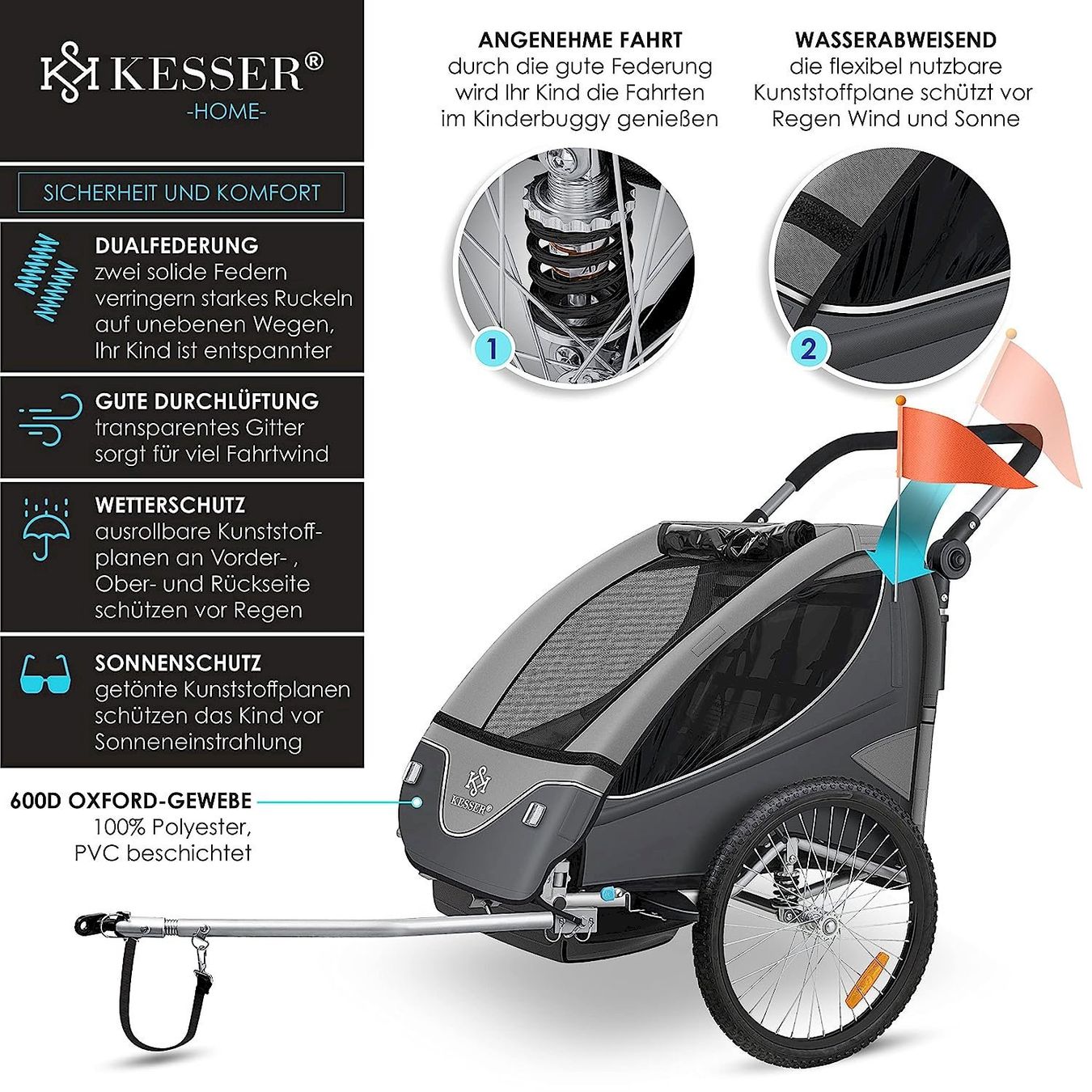 Rimorchi: Kesser Kinderanhänger 2in1 grau – Nuovo e nell'imballaggio originale da Bottighofen venduto da zaap 2