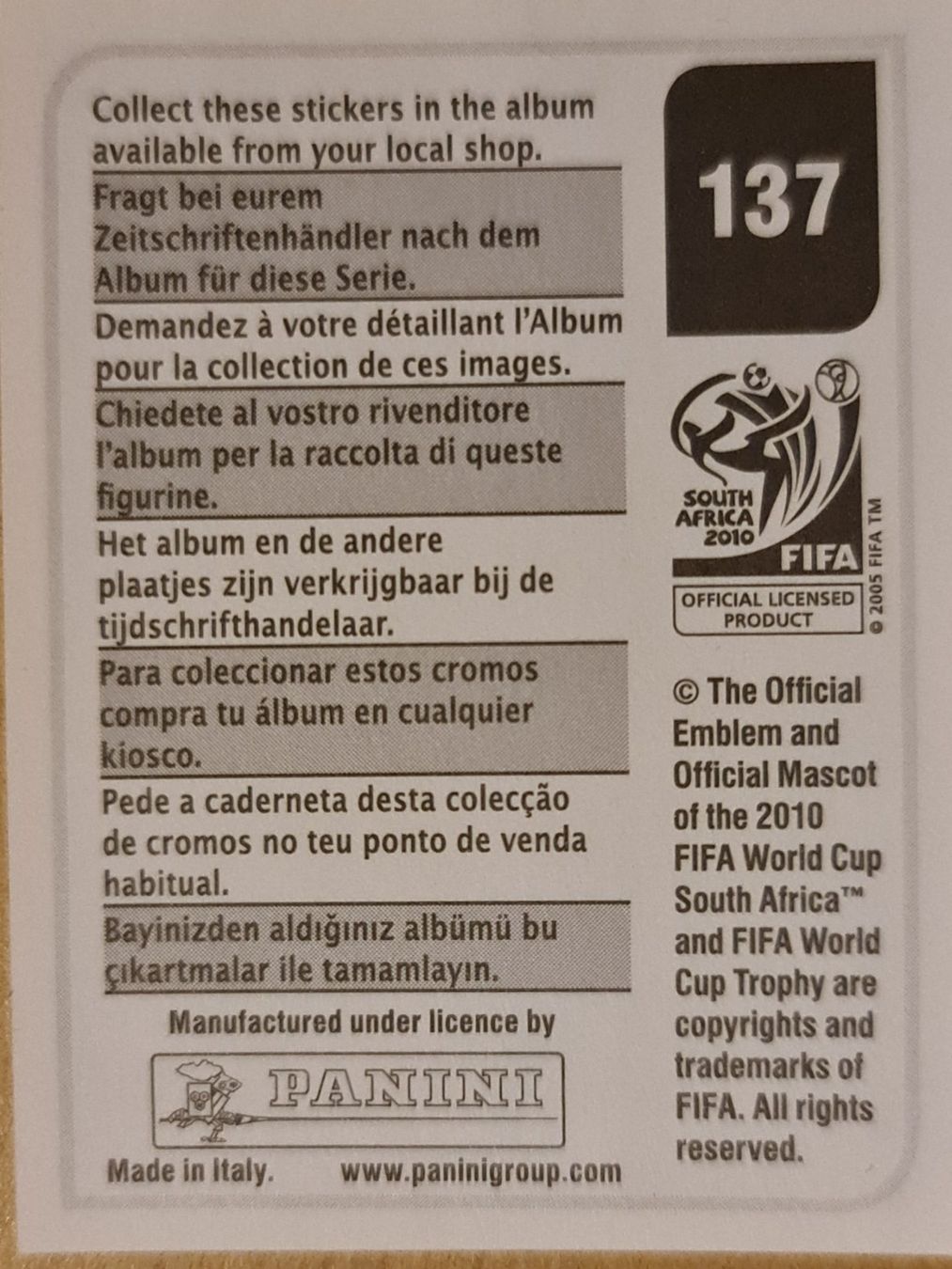 Panini Carte collezionabili: Panini WM 2010 Nr. 137 – Nuovo (secondo la descrizione) da Dintikon venduto da Prime-shop 1