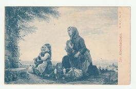 Postkarte Im Abendsschein mit Frau und Kindern