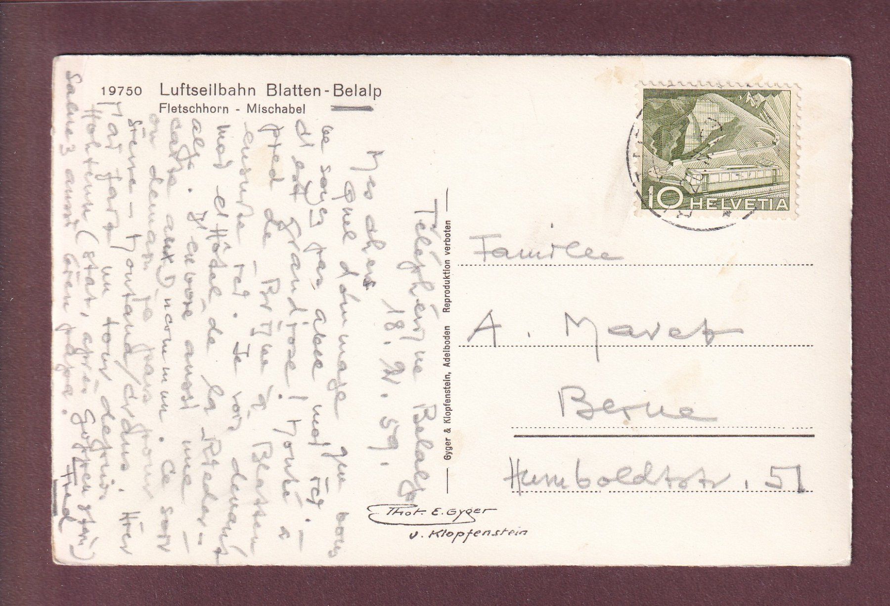 Ansichtskarten: Luftseilbahn - BLATTEN-BELALP - 1959 // kleiner Eckbug // – Gebraucht aus Pully von nicecards 1