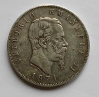 Pièce 5 Lires Argent 900 (1871) Vittorio Emanuel
