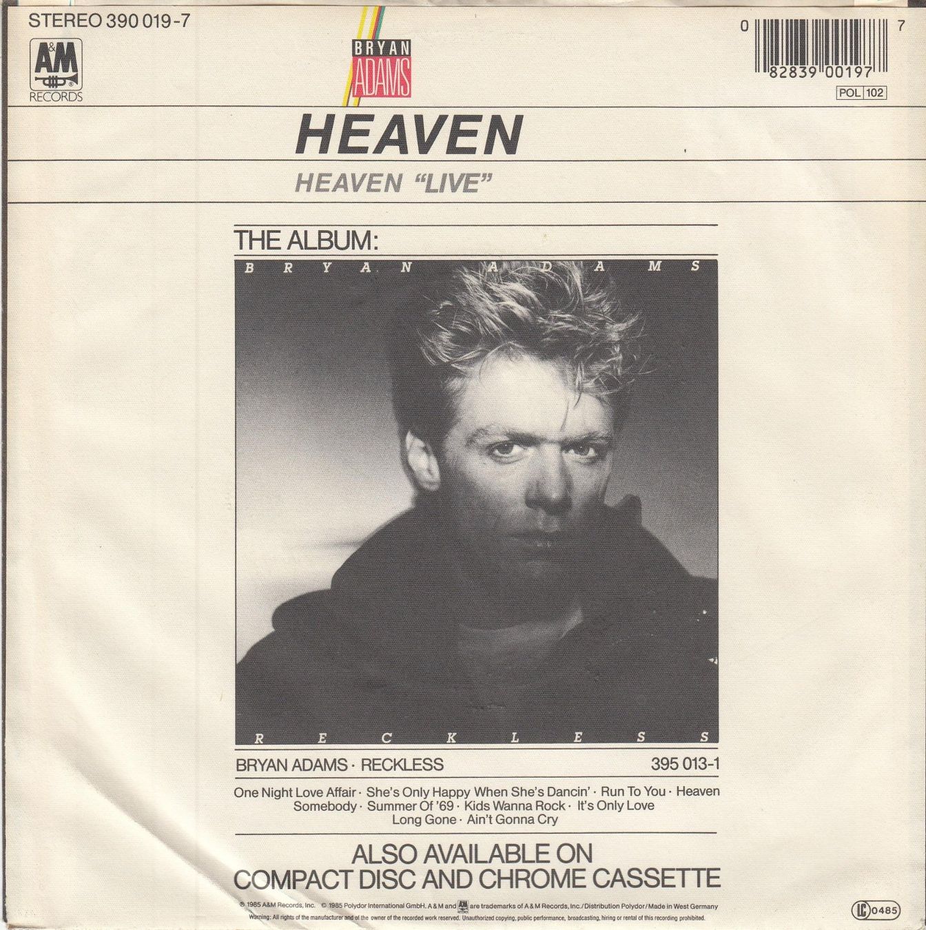 Dischi in vinile: Bryan Adams Vinyl Single von 1984 – Usato da Volketswil venduto da Abcrecords 1