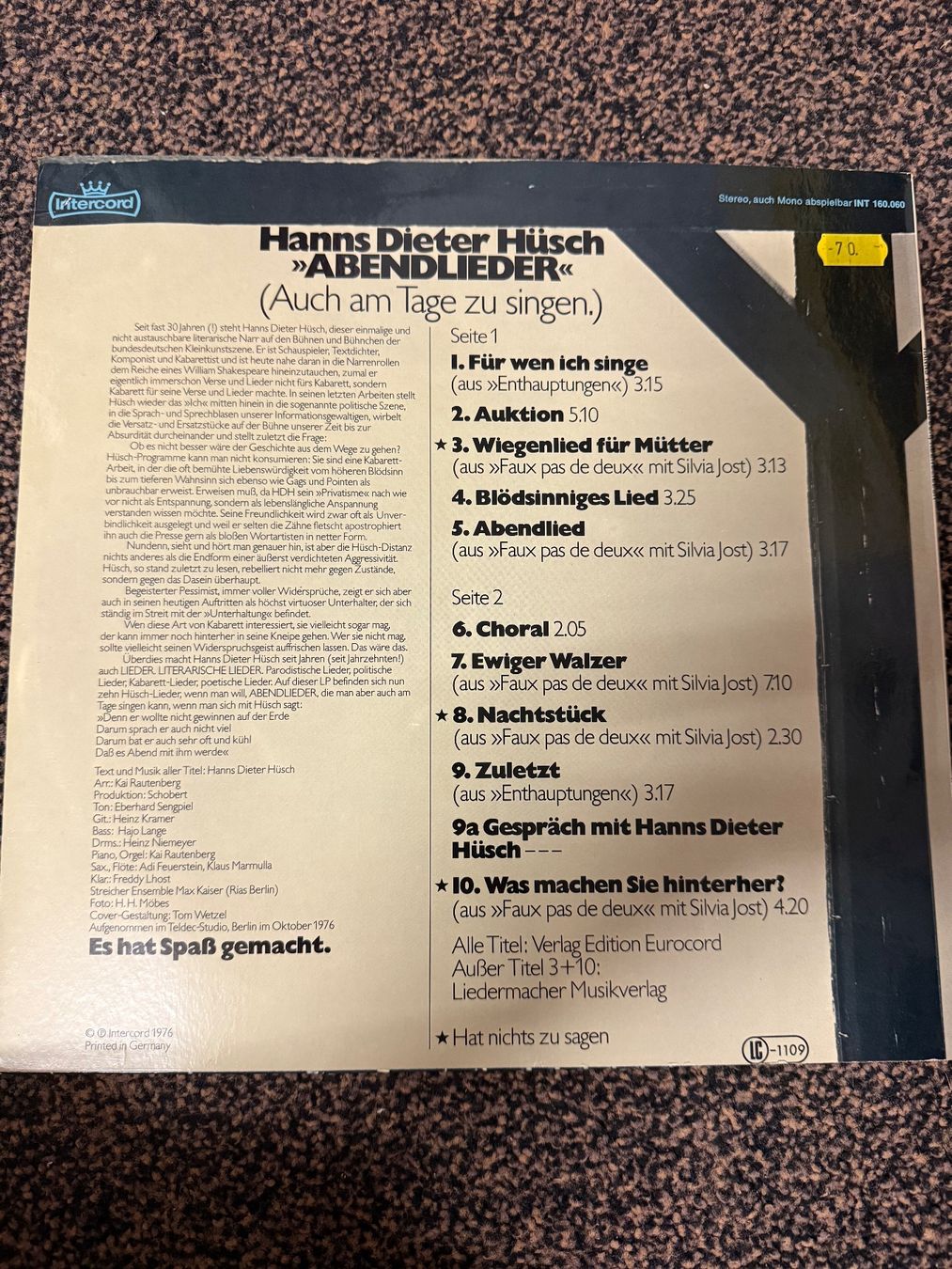 Vinyles: Schallplatte / Hanns Dieter Hüsch / Abendlieder – D'occasion à Freidorf TG par sarotiko 1