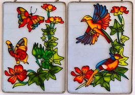 2 Buntglas-Bilder mit Schmetterling- und Vogelmotiv