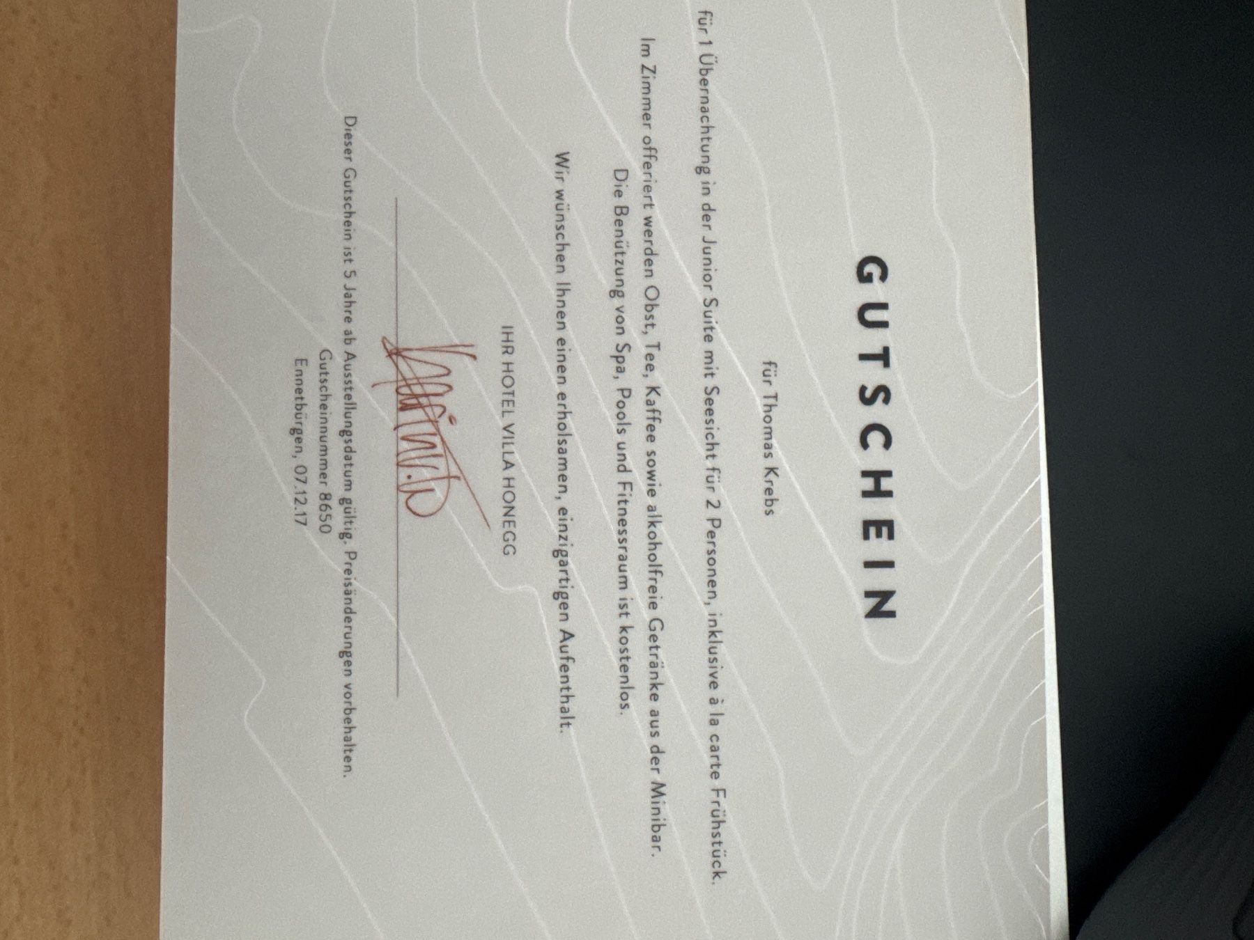 Gutscheine: Gutschein Hotel Villa Honegg – Neu und originalverpackt aus Uitikon Waldegg von Tom620 1