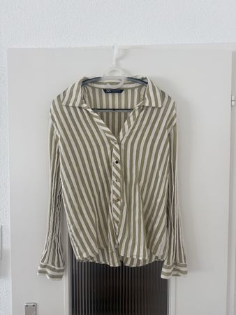 ZARA Bluse gestreift Khaki Weiss Grösse M guter Zustand