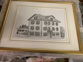 Wirtshaus zur Sonne, Original Bleistiftzeichnung, gerahmt