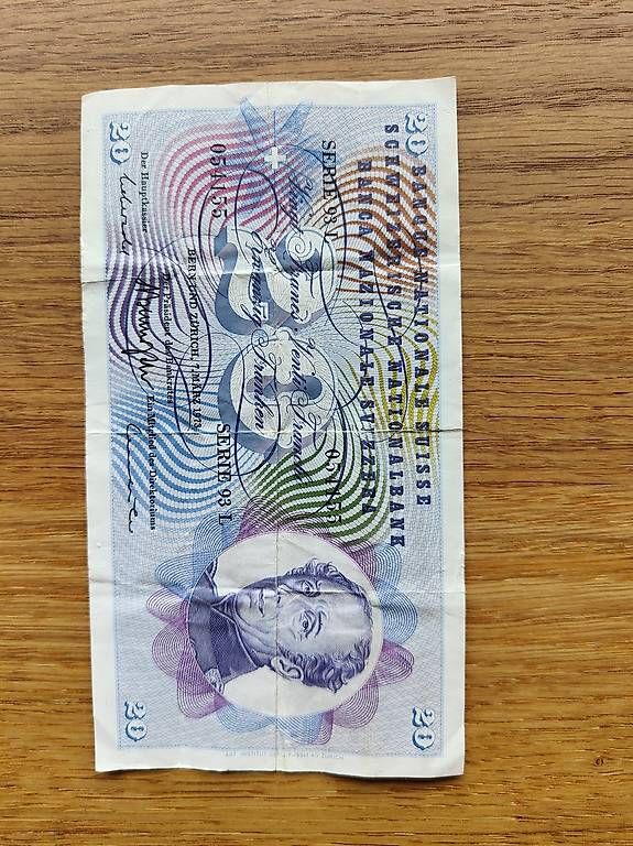 Banknoten: Banknote 20 Franken, 1973 – Gebraucht aus Oberwangen TG von danbit88 1
