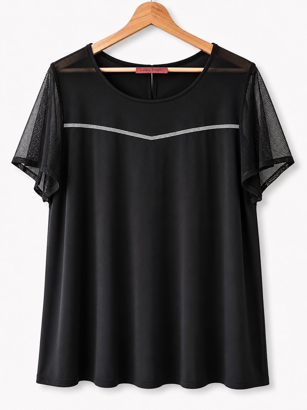 T-shirt: Schwarzes Oberteil mit Strass und Netzarm Grösse 48/50 – Nuovo (secondo la descrizione) da Winznau venduto da Sandhya