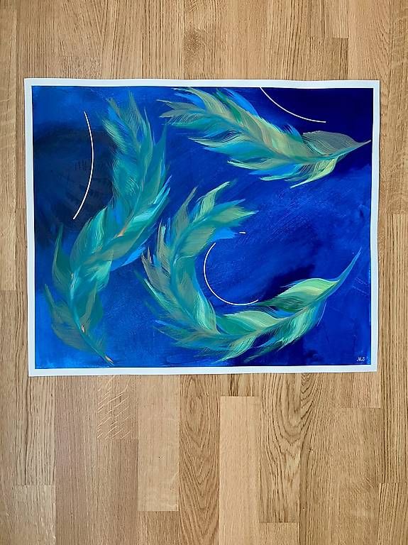 Dipinti: 60x50cm gemaltes Bild blau "Feathers" – Nuovo e nell'imballaggio originale da Urdorf venduto da manuela4 4
