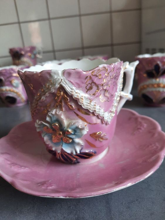 Lot De 6 Tasses & Soucoupes Anciennes - Porcelaine De Paris Blanche & Or - XIXe Siècle - État Correct