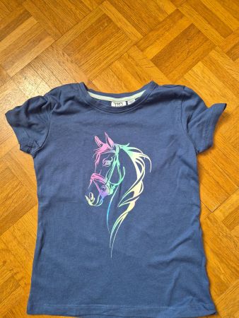 Blaues T-Shirt mit Pferde-Motiv, Grösse 122/128