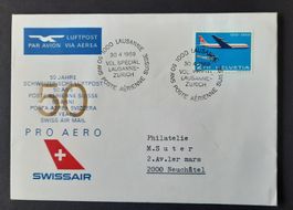 3-5-6 Enveloppe timbrée. 50 ans Poste aérienne suisse 1969