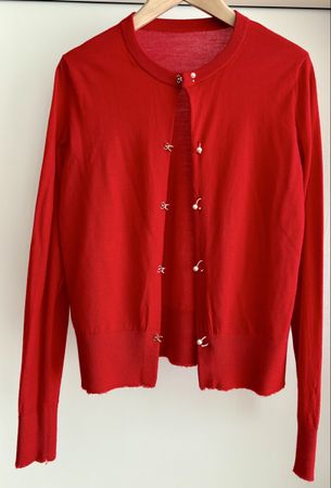 Elegant Red Cardigan with Pearl Buttons - Size Medium