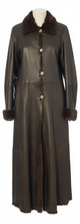 Manteau cuir noir et fourrure brune foncé, longueur maxi