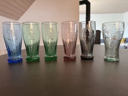 6 Coca Cola Gläser bunt verschiedene Designs Sammlerset
