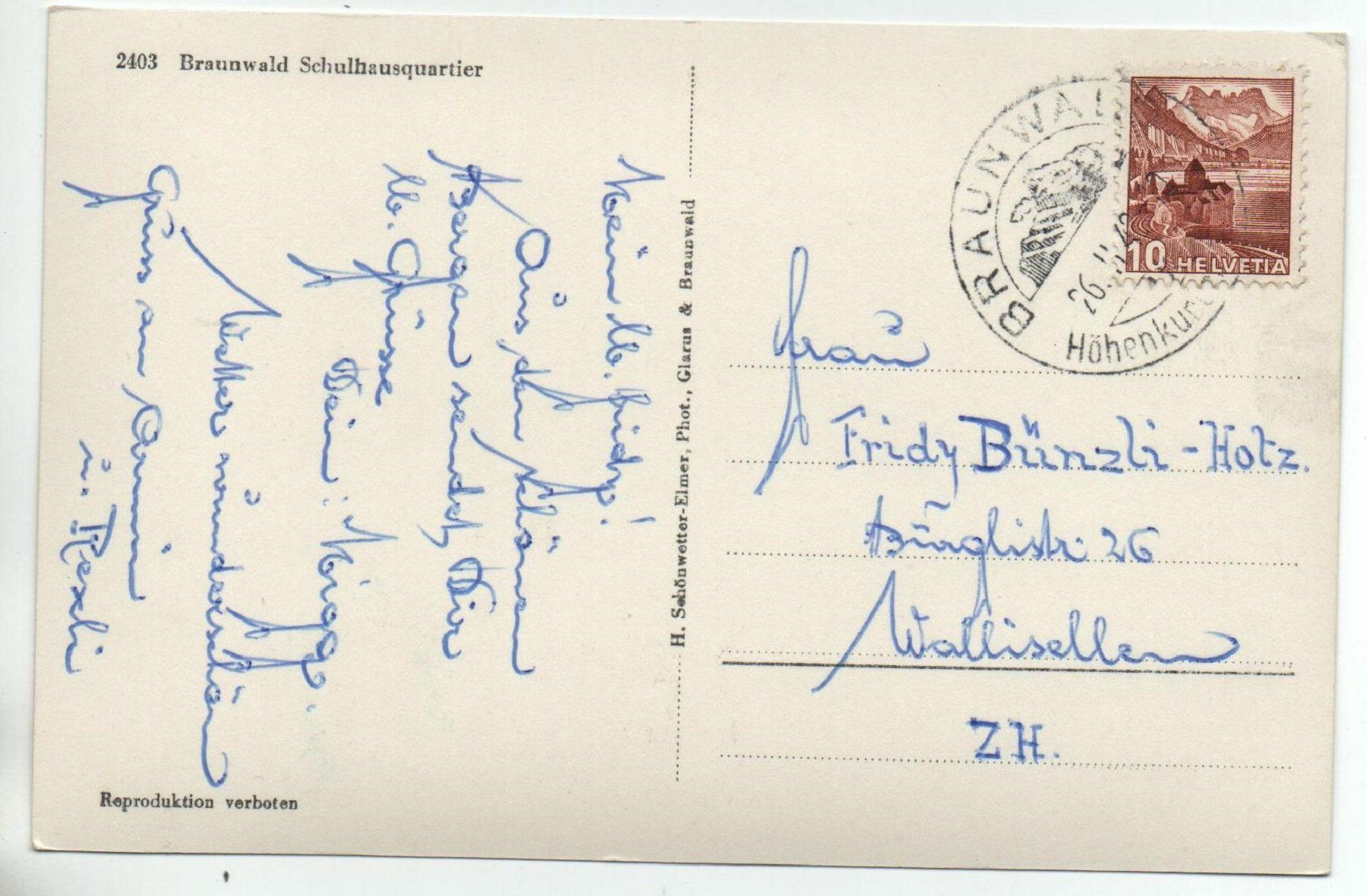 Cartes postales: BRAUNWALD Schulhausquartier – D'occasion à Jona par philajona 1