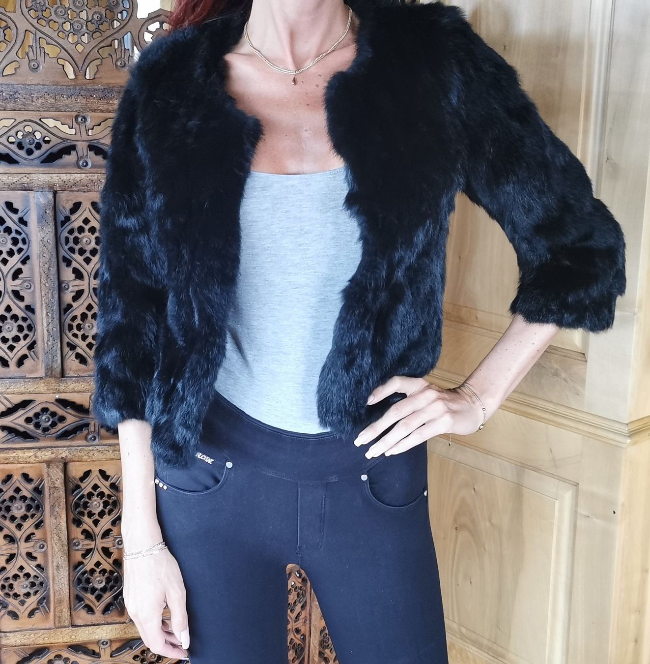 Pelz Jacke Kurz, Schwarz Kaninchen Echtpelz (Gebraucht) in Au SG