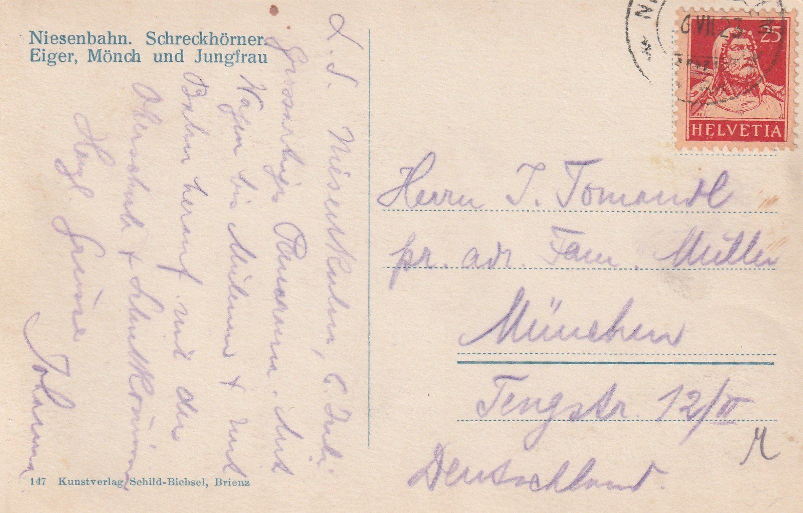 Cartoline postali: BE- Niesenbahn-Eiger-Mönch-Jungfrau-Schreckhörner 1923 – Usato da uttwil venduto da Koehlerfred 1