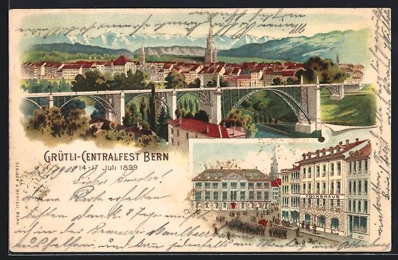 Cartoline postali: Litho Bern, Bahnhof, Ortsansicht mit Br – Usato da Berlin venduto da bartko-reher