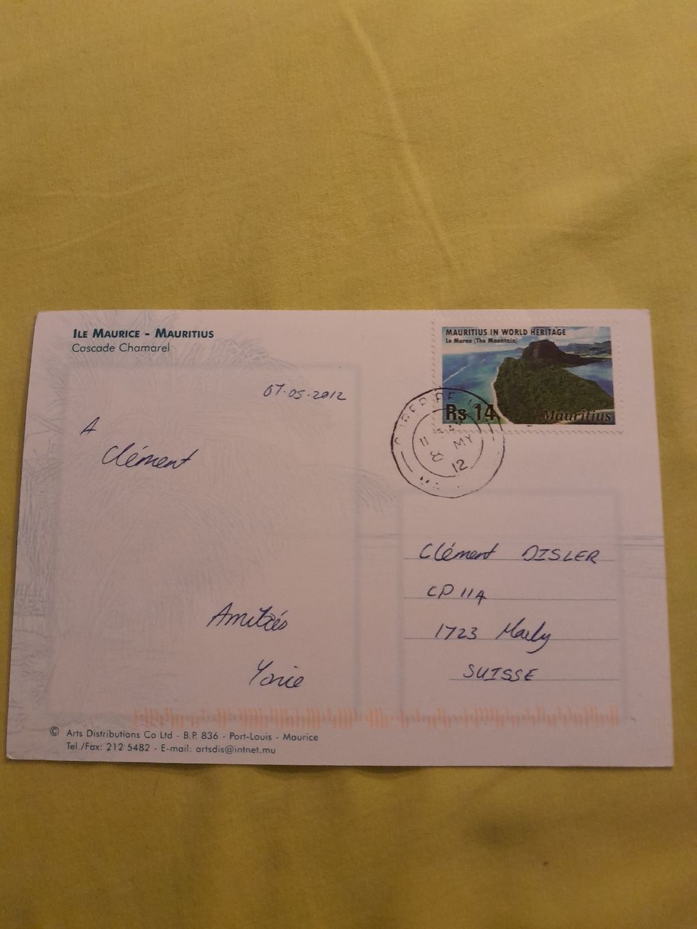 Alle Briefmarken: Carte postale Île Maurice, Cascade Chamarel, année 2012 – Gebraucht aus Marly von globetrotter1723 1