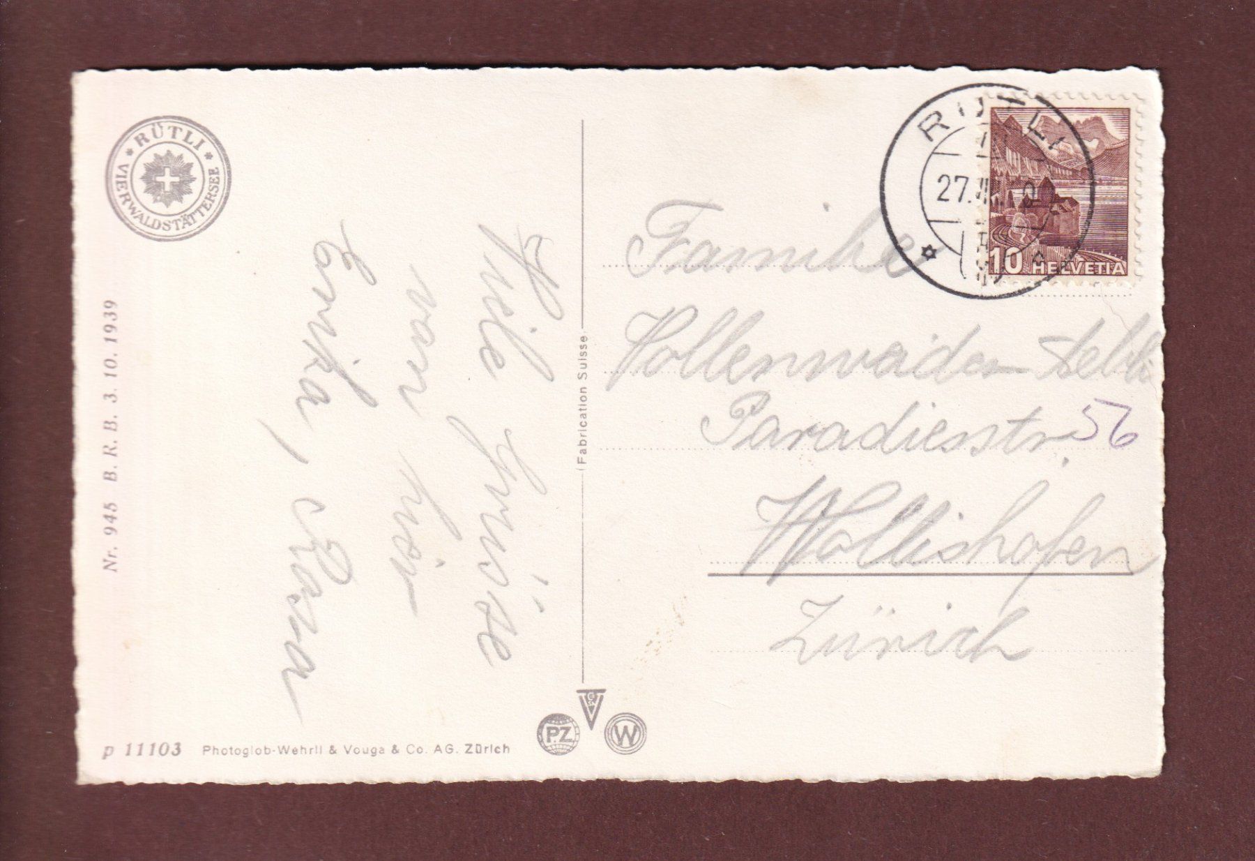 Cartoline postali: RÜTLIWIESE - Mythen - 1940 – Usato da Pully venduto da nicecards 1