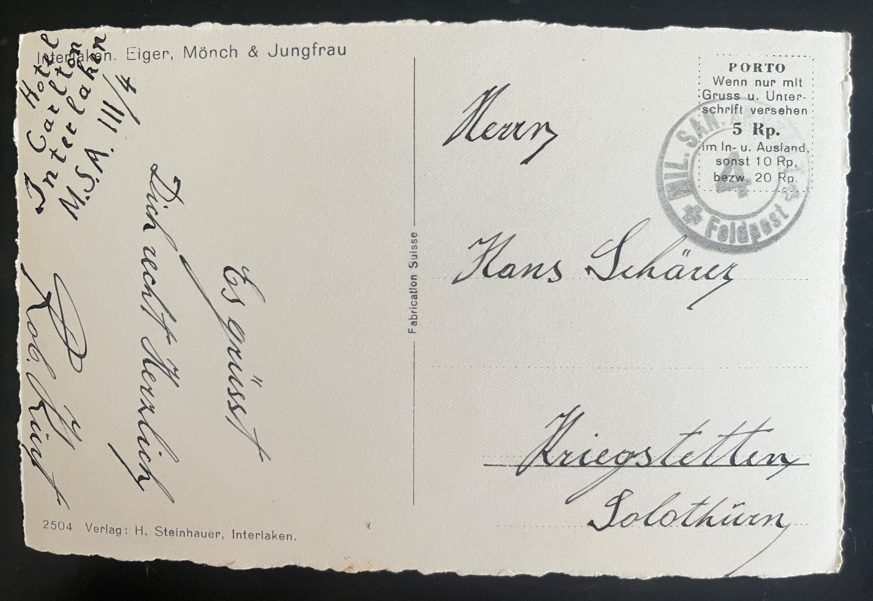 Cartoline postali: AK Interlaken, Eiger Mönch und Jungfrau – Usato da Biberist venduto da Edelfloh 1